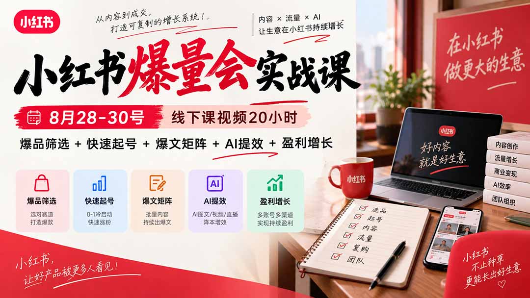 小红书爆量会实战课:8月28-30号线下课视频20小时,爆品筛选+快速起号+爆文矩阵+AI提效+盈利增长网络赚钱,项目资源网,副业资源网,兼职项目,网赚课程-副业赚钱-互联网创业-独家轻创IP大圣网创