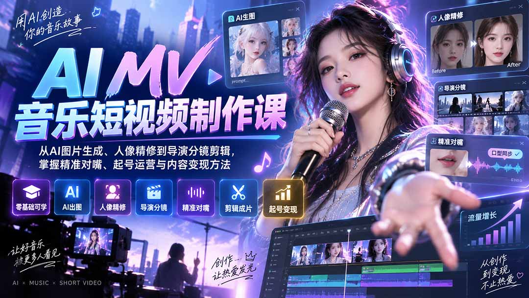 AI MV音乐短视频制作课:从AI图片生成、人像精修到导演分镜剪辑,掌握精准对嘴、起号运营与内容变现方法网络赚钱,项目资源网,副业资源网,兼职项目,网赚课程-副业赚钱-互联网创业-独家轻创IP大圣网创