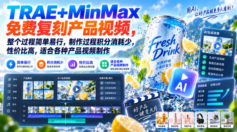 TRAE+MinMax免费复刻产品视频，整个过程简单易行，制作过程积分消耗少，性价比高，适合各种产品视频制作网络赚钱,项目资源网,副业资源网,兼职项目,网赚课程-副业赚钱-互联网创业-独家轻创IP大圣网创