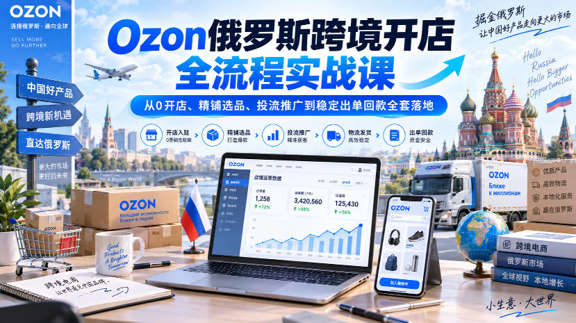 Ozon俄罗斯跨境开店全流程实战课｜从0开店、精铺选品、投流推广到稳定出单回款全套落地网络赚钱,项目资源网,副业资源网,兼职项目,网赚课程-副业赚钱-互联网创业-独家轻创IP大圣网创