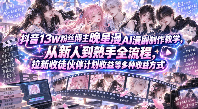 抖音13W粉丝博主晚星漫AI漫剧制作教学，从新人到熟手全流程，拉新收徒伙伴计划收益等多种收益方式，单日1K+网络赚钱,项目资源网,副业资源网,兼职项目,网赚课程-副业赚钱-互联网创业-独家轻创IP大圣网创