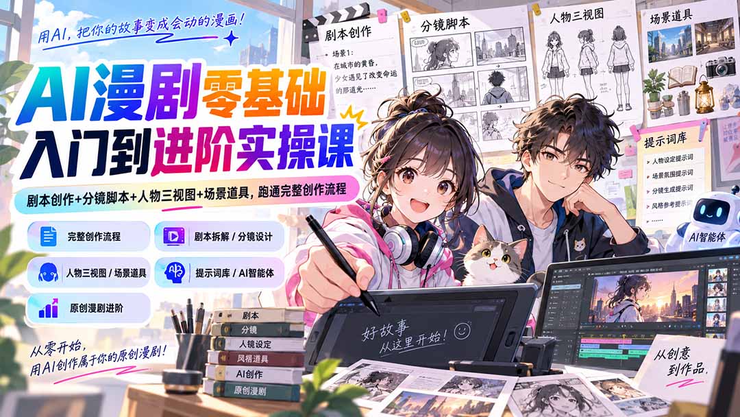 AI漫剧零基础入门到进阶实操课:剧本创作+分镜脚本+人物三视图+场景道具,跑通完整创作流程网络赚钱,项目资源网,副业资源网,兼职项目,网赚课程-副业赚钱-互联网创业-独家轻创IP大圣网创