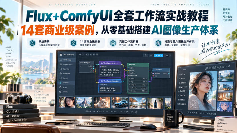 Flux+ComfyUI全套工作流实战教程｜14套商业级案例，从零基础搭建AI图像生产体系网络赚钱,项目资源网,副业资源网,兼职项目,网赚课程-副业赚钱-互联网创业-独家轻创IP大圣网创