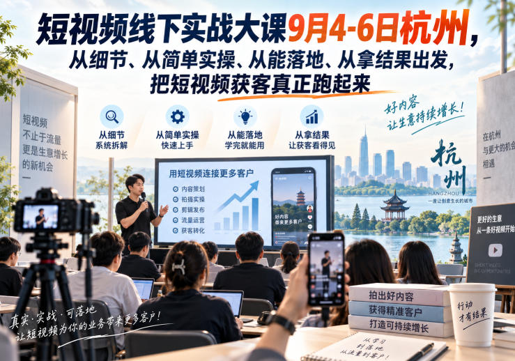 短视频线下实战大课9月4-6日杭州，从细节、从简单实操、从能落地、从拿结果出发，把短视频获客真正跑起来网络赚钱,项目资源网,副业资源网,兼职项目,网赚课程-副业赚钱-互联网创业-独家轻创IP大圣网创