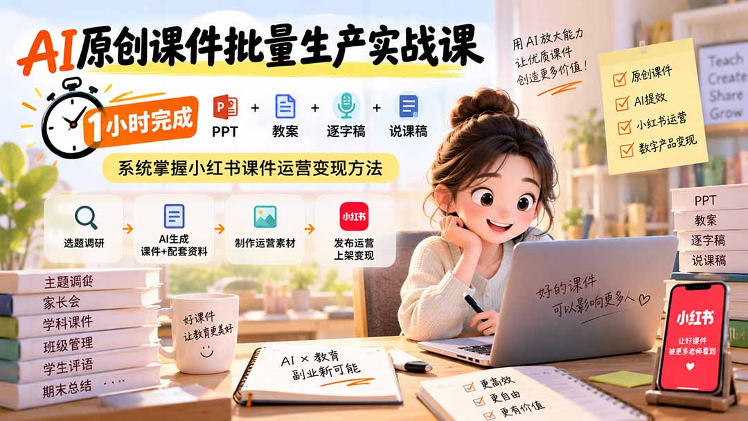 AI原创课件批量生产实战课:1小时完成PPT+教案+逐字稿+说课稿,系统掌握小红书课件运营变现方法网络赚钱,项目资源网,副业资源网,兼职项目,网赚课程-副业赚钱-互联网创业-独家轻创IP大圣网创