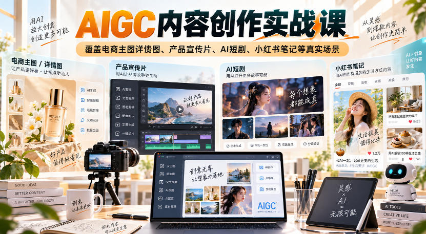 AIGC内容创作实战课,覆盖电商主图详情图、产品宣传片、AI短剧、小红书笔记等真实场景网络赚钱,项目资源网,副业资源网,兼职项目,网赚课程-副业赚钱-互联网创业-独家轻创IP大圣网创
