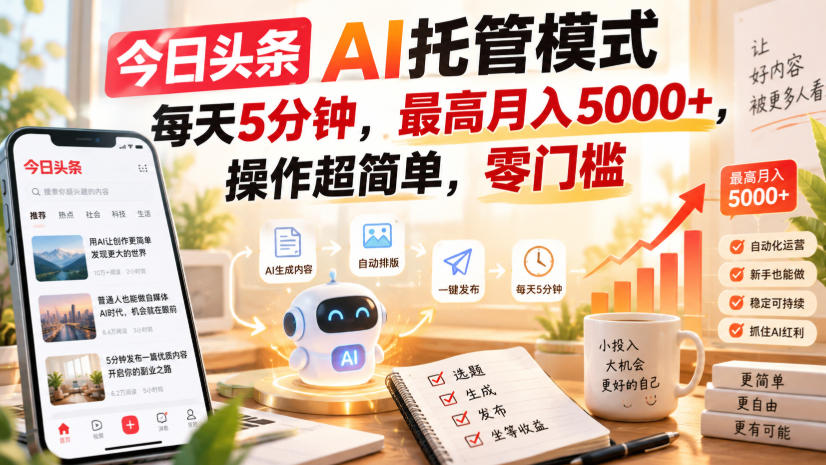 今日头条AI托管模式,每天5分钟,最高月入5000+,操作超简单,零门槛【揭秘】网络赚钱,项目资源网,副业资源网,兼职项目,网赚课程-副业赚钱-互联网创业-独家轻创IP大圣网创
