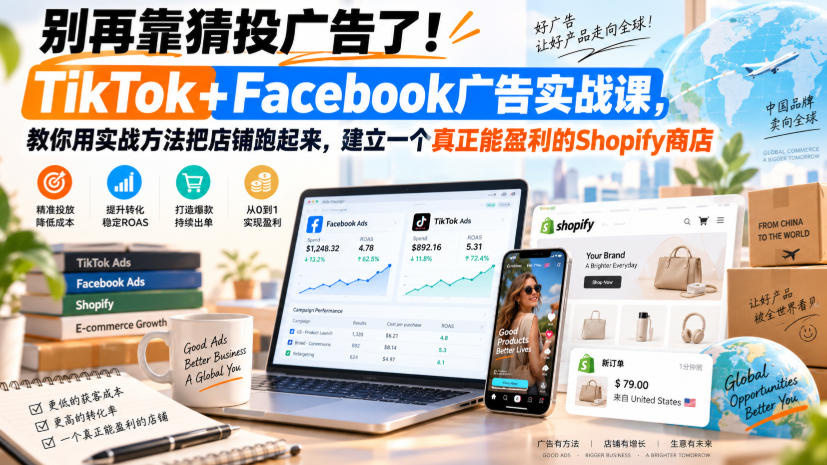 别再靠猜投广告了!TikTok+Facebook广告实战课,教你用实战方法把店铺跑起来,建立一个真正能盈利的Shopify商店【原创双语字幕】网络赚钱,项目资源网,副业资源网,兼职项目,网赚课程-副业赚钱-互联网创业-独家轻创IP大圣网创