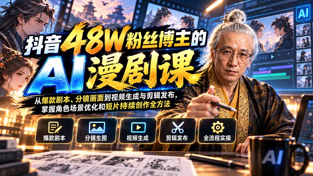 抖音48W粉丝博主的AI漫剧课：从爆款剧本、分镜画面到视频生成与剪辑发布，掌握角色场景优化和短片持续创作全方法网络赚钱,项目资源网,副业资源网,兼职项目,网赚课程-副业赚钱-互联网创业-独家轻创IP大圣网创