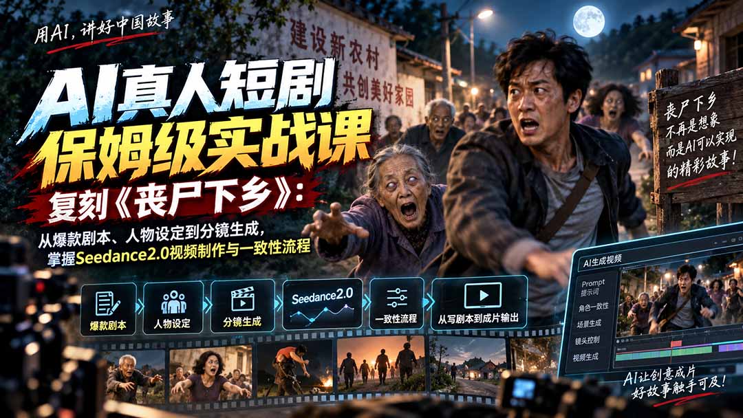 AI真人短剧保姆级实战课,复刻《丧尸下乡》:从爆款剧本、人物设定到分镜生成,掌握Seedance2.0视频制作与一致性流程网络赚钱,项目资源网,副业资源网,兼职项目,网赚课程-副业赚钱-互联网创业-独家轻创IP大圣网创