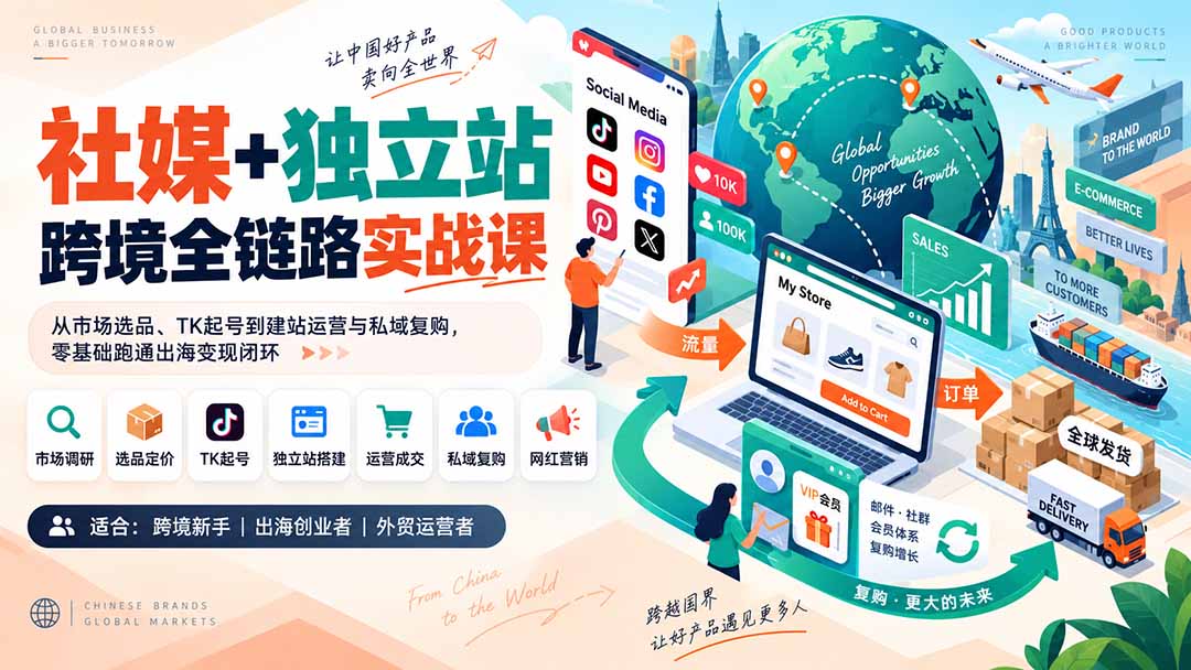 社媒+独立站跨境全链路实战课:从市场选品、TK起号到建站运营与私域复购,零基础跑通出海变现闭环网络赚钱,项目资源网,副业资源网,兼职项目,网赚课程-副业赚钱-互联网创业-独家轻创IP大圣网创