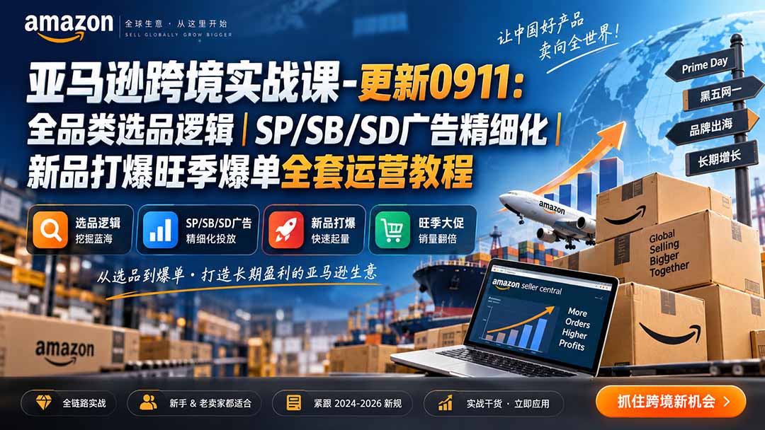 亚马逊跨境实战课-更新0911:全品类选品逻辑|SP/SB/SD广告精细化|新品打爆旺季爆单全套运营教程网络赚钱,项目资源网,副业资源网,兼职项目,网赚课程-副业赚钱-互联网创业-独家轻创IP大圣网创