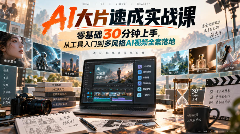 AI大片速成实战课|零基础30分钟上手,从工具入门到多风格AI视频全案落地网络赚钱,项目资源网,副业资源网,兼职项目,网赚课程-副业赚钱-互联网创业-独家轻创IP大圣网创
