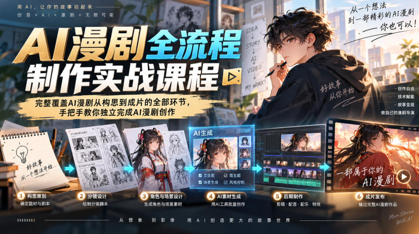 AI漫剧全流程制作实战课程,完整覆盖AI漫剧从构思到成片的全部环节,手把手教你独立完成AI漫剧创作网络赚钱,项目资源网,副业资源网,兼职项目,网赚课程-副业赚钱-互联网创业-独家轻创IP大圣网创