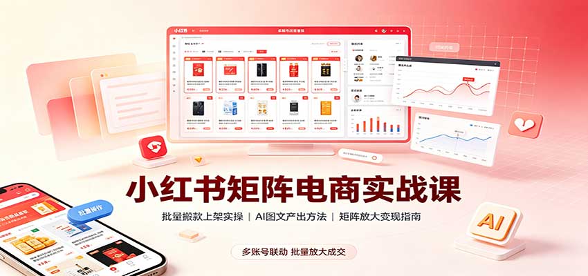 小红书矩阵电商实战课:批量搬款上架实操,AI图文产出,矩阵放大变现指南网络赚钱,项目资源网,副业资源网,兼职项目,网赚课程-副业赚钱-互联网创业-独家轻创IP大圣网创