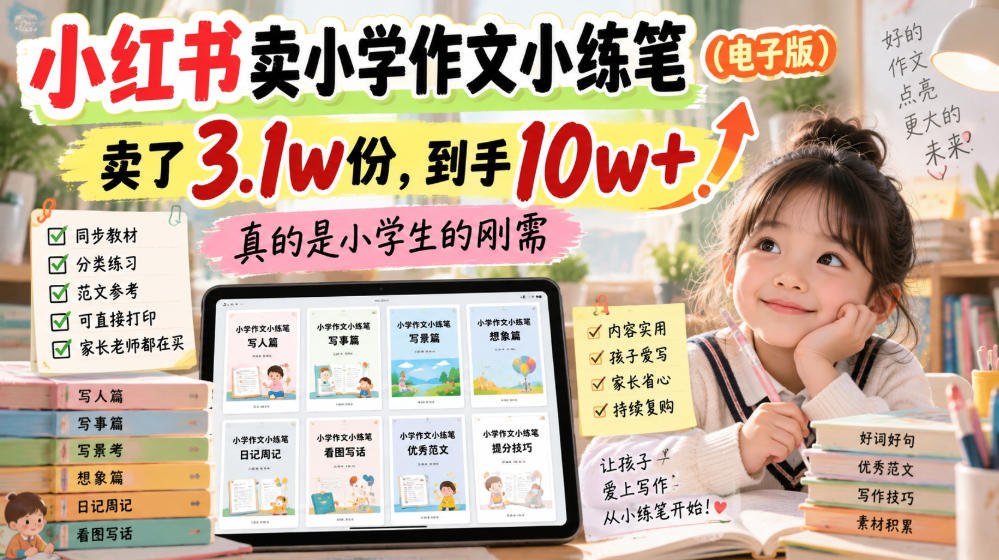 小红书卖小学作文小练笔(电子版)，卖了3.1w份，到手10w+，真的是小学生的刚需网络赚钱,项目资源网,副业资源网,兼职项目,网赚课程-副业赚钱-互联网创业-独家轻创IP大圣网创