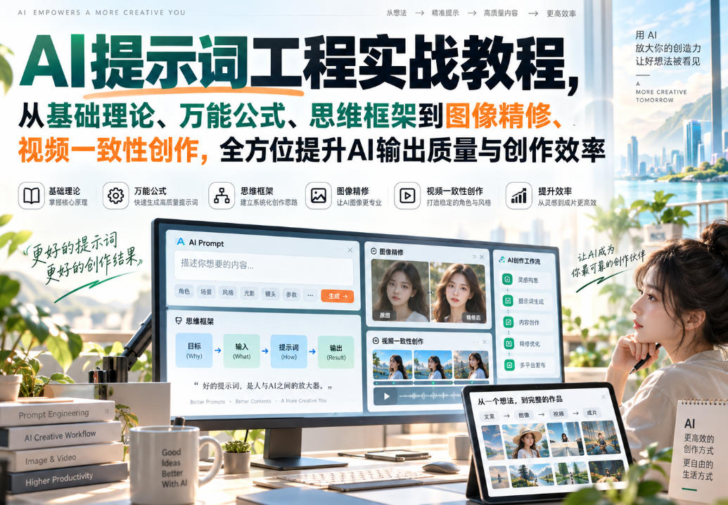 AI提示词工程实战教程，从基础理论、万能公式、思维框架到图像精修、视频一致性创作，全方位提升AI输出质量与创作效率网络赚钱,项目资源网,副业资源网,兼职项目,网赚课程-副业赚钱-互联网创业-独家轻创IP大圣网创