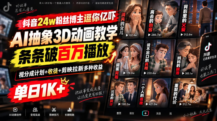 抖音24w粉丝博主逗你亿吓AI抽象3D动画教学,条条破百万播放,分成计划+收徒+剪映拉新多种收益,单日1K+网络赚钱,项目资源网,副业资源网,兼职项目,网赚课程-副业赚钱-互联网创业-独家轻创IP大圣网创