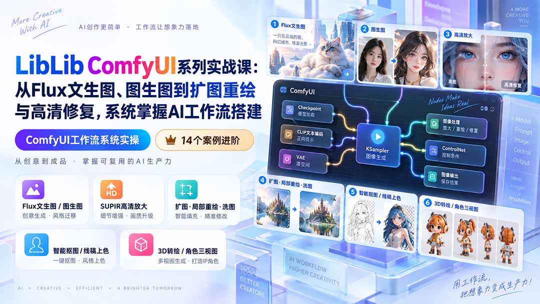 LibLib ComfyUI系列实战课:从Flux文生图、图生图到扩图重绘与高清修复,系统掌握AI工作流搭建网络赚钱,项目资源网,副业资源网,兼职项目,网赚课程-副业赚钱-互联网创业-独家轻创IP大圣网创