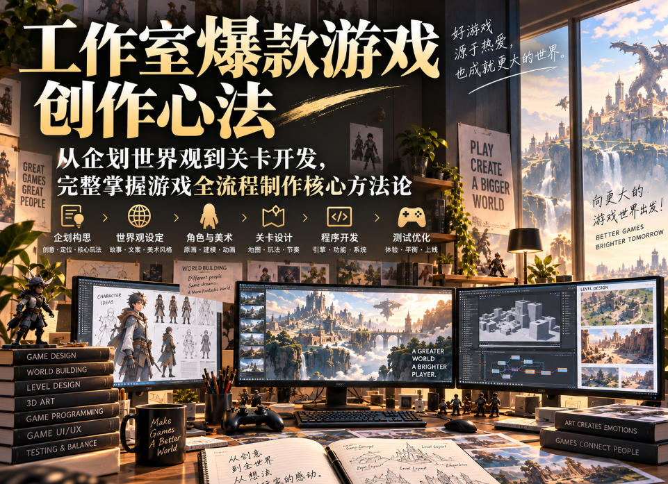 工作室爆款游戏创作心法|从企划世界观到关卡开发,完整掌握游戏全流程制作核心方法论网络赚钱,项目资源网,副业资源网,兼职项目,网赚课程-副业赚钱-互联网创业-独家轻创IP大圣网创