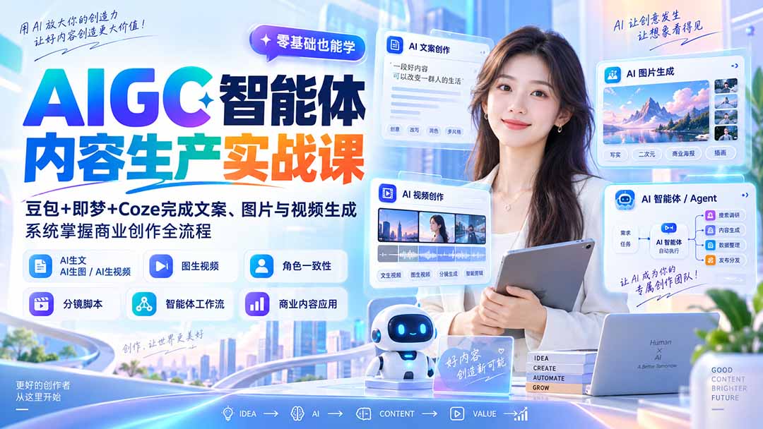 AIGC智能体内容生产实战课:豆包+即梦+Coze完成文案、图片与视频生成,系统掌握商业创作全流程网络赚钱,项目资源网,副业资源网,兼职项目,网赚课程-副业赚钱-互联网创业-独家轻创IP大圣网创