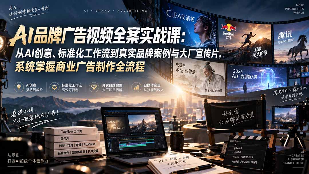 AI品牌广告视频全案实战课:从AI创意、标准化工作流到真实品牌案例与大厂宣传片,系统掌握商业广告制作全流程网络赚钱,项目资源网,副业资源网,兼职项目,网赚课程-副业赚钱-互联网创业-独家轻创IP大圣网创