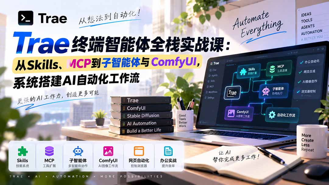 Trae终端智能体全栈实战课:从Skills、MCP到子智能体与ComfyUI,系统搭建AI自动化工作流网络赚钱,项目资源网,副业资源网,兼职项目,网赚课程-副业赚钱-互联网创业-独家轻创IP大圣网创
