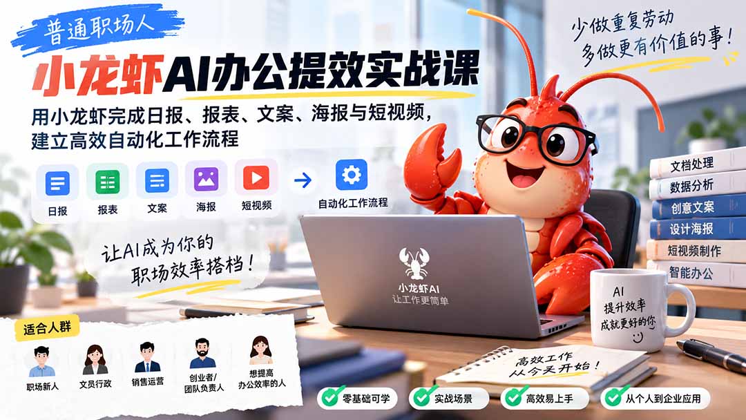 普通职场人AI办公提效实战课:用小龙虾完成日报、报表、文案、海报与短视频,建立高效自动化工作流程网络赚钱,项目资源网,副业资源网,兼职项目,网赚课程-副业赚钱-互联网创业-独家轻创IP大圣网创