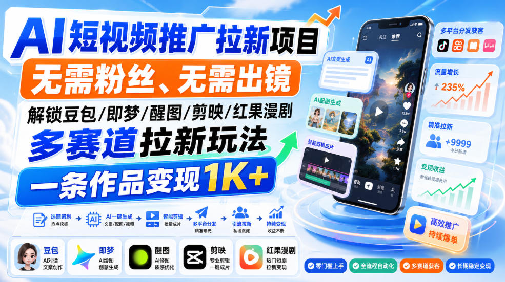 AI短视频推广拉新项目，无需粉丝、无需出镜，解锁豆包/即梦/醒图/剪映/红果漫剧多赛道拉新玩法，一条作品变现1K+(更新0910)网络赚钱,项目资源网,副业资源网,兼职项目,网赚课程-副业赚钱-互联网创业-独家轻创IP大圣网创