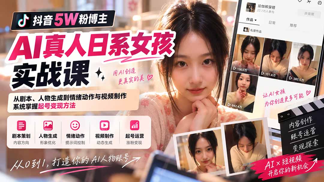 抖音5W粉博主AI真人日系女孩实战课:从剧本、人物生成到情绪动作与视频制作,系统掌握起号变现方法网络赚钱,项目资源网,副业资源网,兼职项目,网赚课程-副业赚钱-互联网创业-独家轻创IP大圣网创
