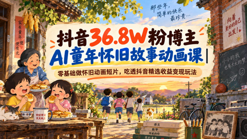 抖音36.8W粉博主AI童年怀旧故事动画课|零基础做怀旧动画短片,吃透抖音精选收益变现玩法网络赚钱,项目资源网,副业资源网,兼职项目,网赚课程-副业赚钱-互联网创业-独家轻创IP大圣网创