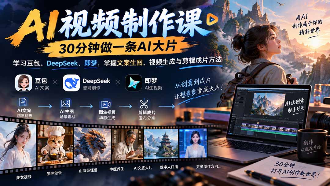 AI视频制作课-30分钟做一条AI大片:学习豆包、DeepSeek、即梦,掌握文案生图、视频生成与剪辑成片方法网络赚钱,项目资源网,副业资源网,兼职项目,网赚课程-副业赚钱-互联网创业-独家轻创IP大圣网创