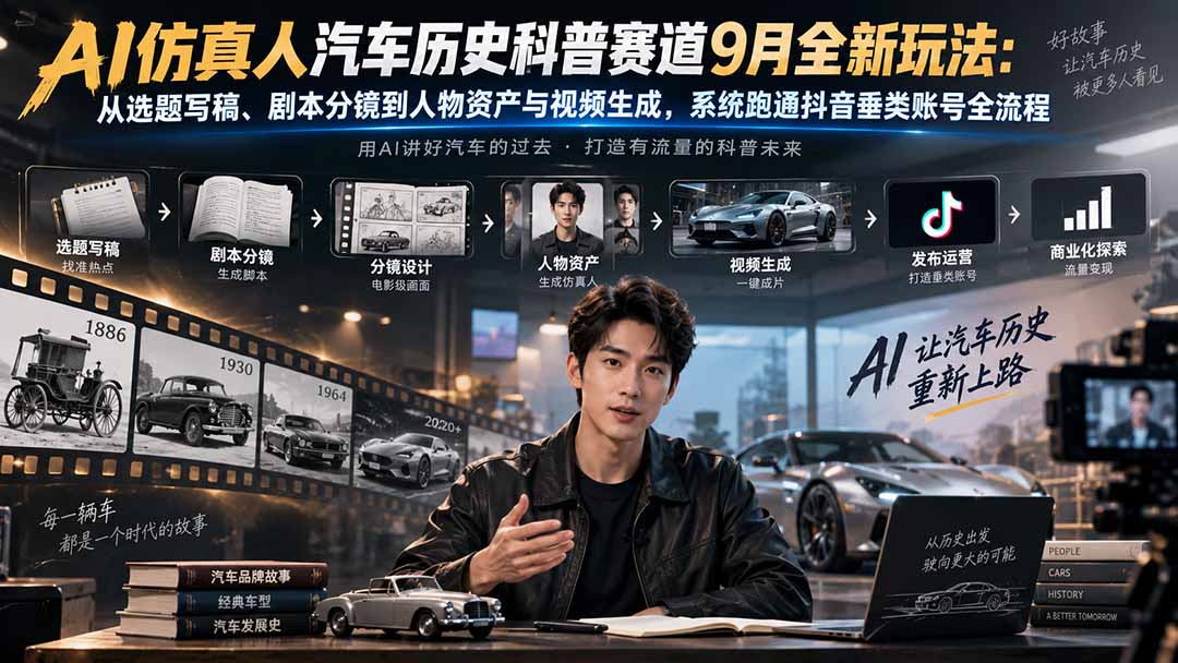 AI仿真人汽车历史科普赛道9月全新玩法：从选题写稿、剧本分镜到人物资产与视频生成，系统跑通抖音垂类账号全流程网络赚钱,项目资源网,副业资源网,兼职项目,网赚课程-副业赚钱-互联网创业-独家轻创IP大圣网创