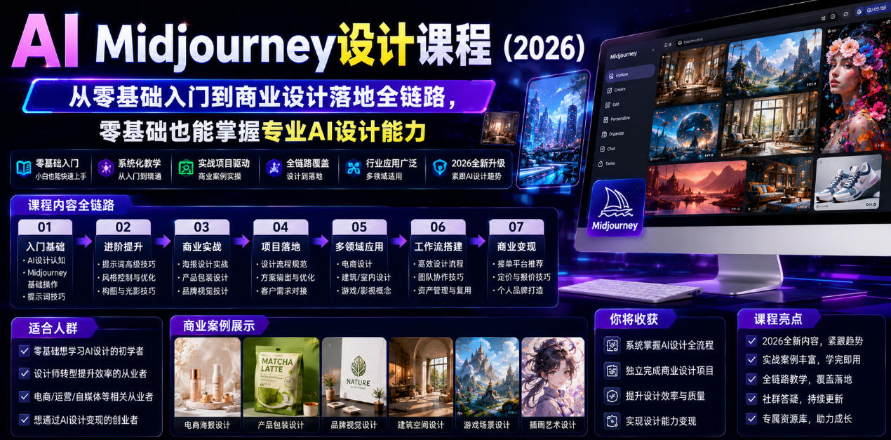 AI Midjourney设计课程(2026),从零基础入门到商业设计落地全链路,零基础也能掌握专业AI设计能力(更新0913)网络赚钱,项目资源网,副业资源网,兼职项目,网赚课程-副业赚钱-互联网创业-独家轻创IP大圣网创