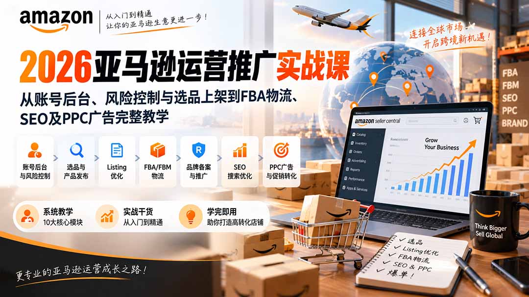2026亚马逊运营推广实战课：从账号后台、风险控制与选品上架到FBA物流、SEO及PPC广告完整教学网络赚钱,项目资源网,副业资源网,兼职项目,网赚课程-副业赚钱-互联网创业-独家轻创IP大圣网创