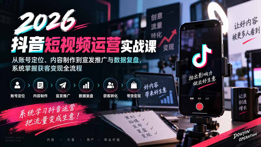 2026抖音短视频运营实战课:从账号定位、内容制作到宣发推广与数据复盘,系统掌握获客变现全流程网络赚钱,项目资源网,副业资源网,兼职项目,网赚课程-副业赚钱-互联网创业-独家轻创IP大圣网创