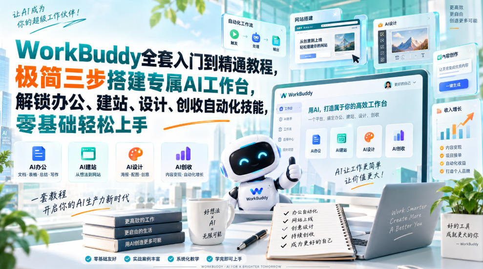 WorkBuddy全套入门到精通教程，极简三步搭建专属AI工作台，解锁办公、建站、设计、创收自动化技能，零基础轻松上手网络赚钱,项目资源网,副业资源网,兼职项目,网赚课程-副业赚钱-互联网创业-独家轻创IP大圣网创