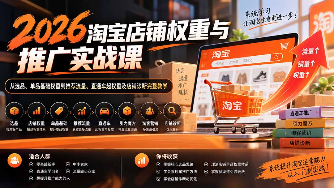 2026淘宝店铺权重与推广实战课：从选品、单品基础权重到推荐流量、直通车起权重及店铺诊断完整教学网络赚钱,项目资源网,副业资源网,兼职项目,网赚课程-副业赚钱-互联网创业-独家轻创IP大圣网创