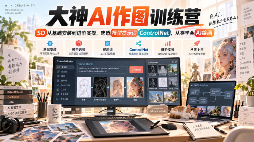 大神AI作图训练营,SD从基础安装到进阶实操,吃透模型提示词ControlNet,从零学会AI绘画网络赚钱,项目资源网,副业资源网,兼职项目,网赚课程-副业赚钱-互联网创业-独家轻创IP大圣网创
