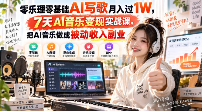 零乐理零基础AI写歌月入过1W,7天AI音乐变现实战课,把AI音乐做成被动收入副业网络赚钱,项目资源网,副业资源网,兼职项目,网赚课程-副业赚钱-互联网创业-独家轻创IP大圣网创