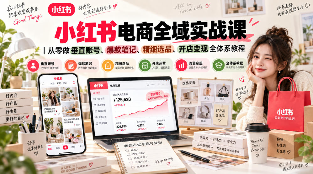 小红书电商全域实战课｜从零做垂直账号、爆款笔记、精细选品、开店变现全体系教程网络赚钱,项目资源网,副业资源网,兼职项目,网赚课程-副业赚钱-互联网创业-独家轻创IP大圣网创