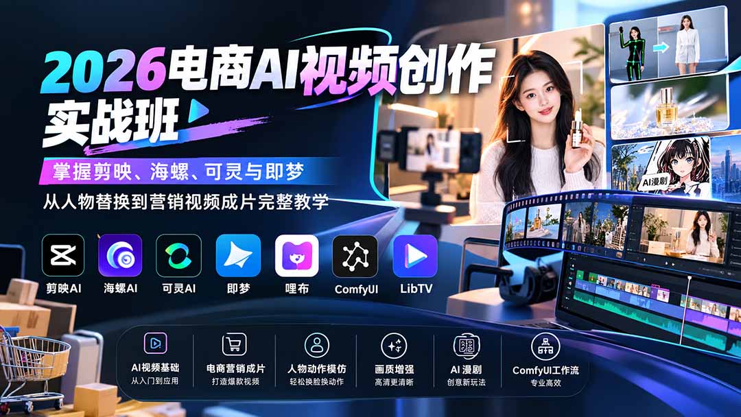 2026电商AI视频创作实战班：掌握剪映、海螺、可灵与即梦，从人物替换到营销视频成片完整教学网络赚钱,项目资源网,副业资源网,兼职项目,网赚课程-副业赚钱-互联网创业-独家轻创IP大圣网创