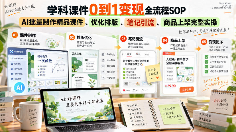 学科课件0到1变现全流程SOP|AI批量制作精品课件、优化排版、笔记引流、商品上架完整实操网络赚钱,项目资源网,副业资源网,兼职项目,网赚课程-副业赚钱-互联网创业-独家轻创IP大圣网创