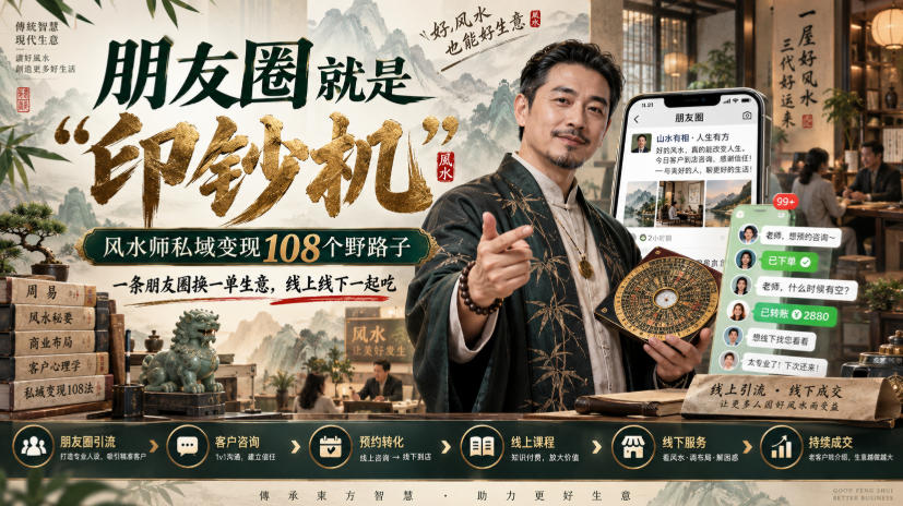 朋友圈就是“印钞机”,风水师私域变现108个野路子,一条朋友圈换一单生意,线上线下一起吃【文档】网络赚钱,项目资源网,副业资源网,兼职项目,网赚课程-副业赚钱-互联网创业-独家轻创IP大圣网创