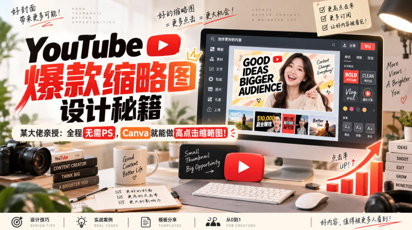 YouTube爆款缩略图设计秘籍,某油管大佬(610万订阅者)亲授,全程无需PS,Canva就能做高点击缩略图!【原创双语字幕】网络赚钱,项目资源网,副业资源网,兼职项目,网赚课程-副业赚钱-互联网创业-独家轻创IP大圣网创