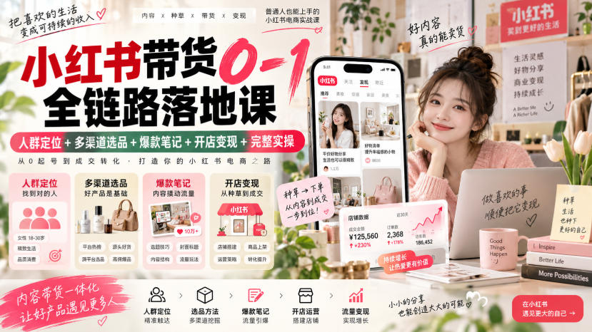 小红书带货0-1全链路落地课|人群定位+多渠道选品+爆款笔记+开店变现完整实操网络赚钱,项目资源网,副业资源网,兼职项目,网赚课程-副业赚钱-互联网创业-独家轻创IP大圣网创