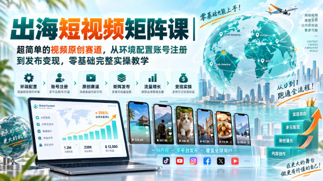 出海短视频矩阵课|超简单的视频原创赛道,从环境配置账号注册到发布变现,零基础完整实操教学网络赚钱,项目资源网,副业资源网,兼职项目,网赚课程-副业赚钱-互联网创业-独家轻创IP大圣网创