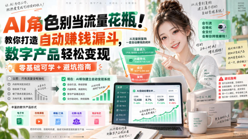 AI角色别当流量花瓶!教你打造自动賺钱漏斗,数字产品轻松变现(零基础可学+避坑指南)【原创双语字幕】网络赚钱,项目资源网,副业资源网,兼职项目,网赚课程-副业赚钱-互联网创业-独家轻创IP大圣网创