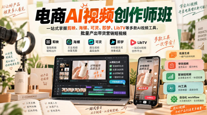 电商AI视频创作师班,一站式掌握剪映、海螺、可灵、即梦、LibTV等多款AI视频工具,批量产出带货营销短视频网络赚钱,项目资源网,副业资源网,兼职项目,网赚课程-副业赚钱-互联网创业-独家轻创IP大圣网创
