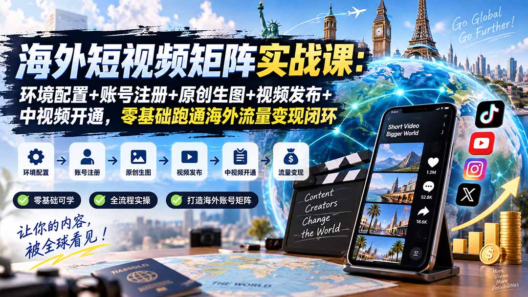 海外短视频矩阵实战课:环境配置+账号注册+原创生图+视频发布+中视频开通,零基础跑通海外流量变现闭环网络赚钱,项目资源网,副业资源网,兼职项目,网赚课程-副业赚钱-互联网创业-独家轻创IP大圣网创
